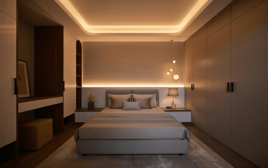 Warm modern small bedroom ceiling design with soft lighting and compact layout