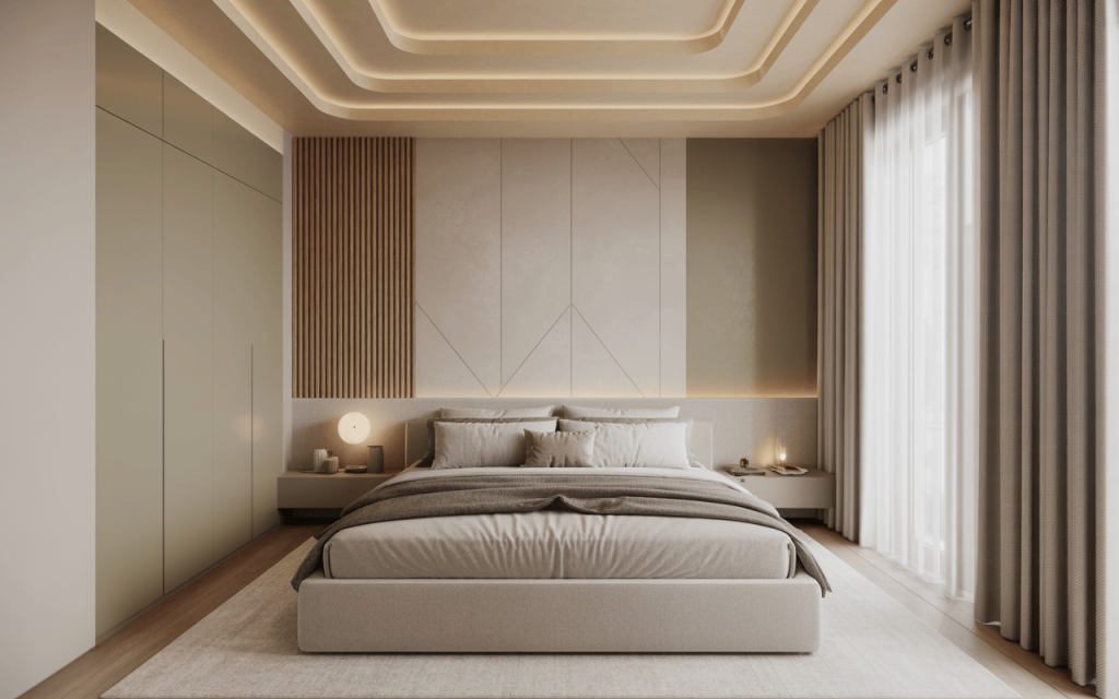 Serene modern bedroom ceiling design with layered lighting and soft tones