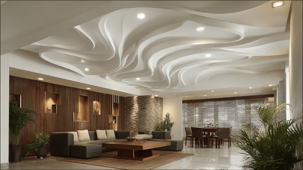 Stunning unique bedroom ceiling design with artistic 3D wave pattern