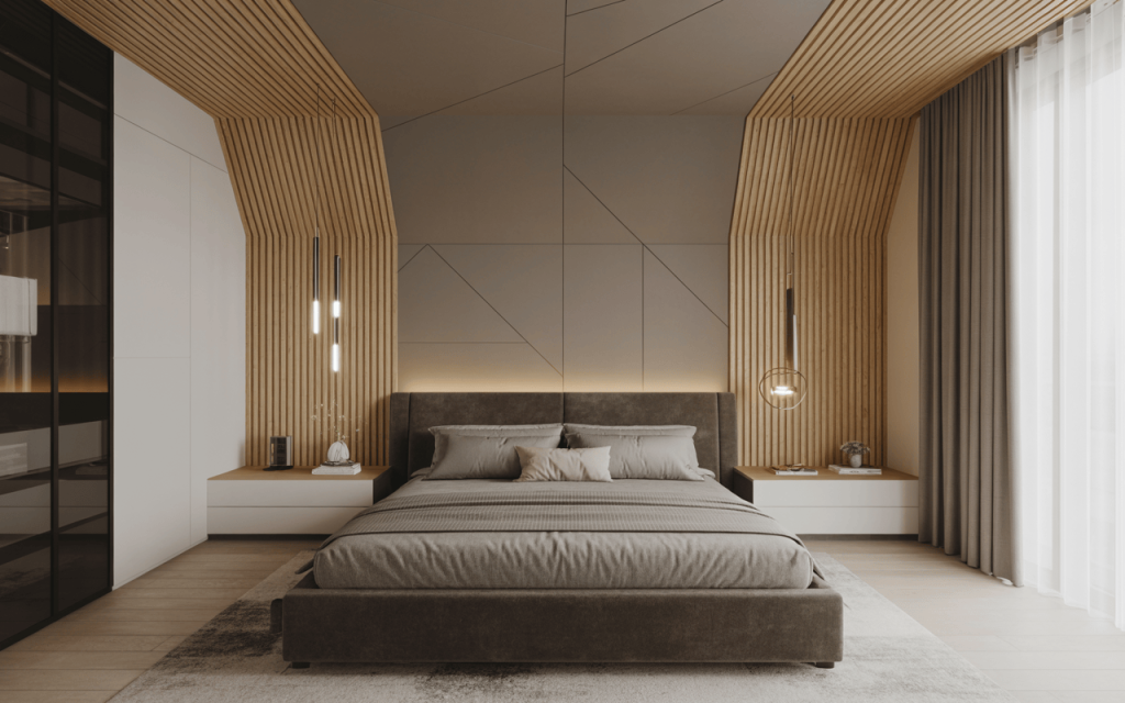 Contemporary unique bedroom ceiling design with slatted wood and bold lines