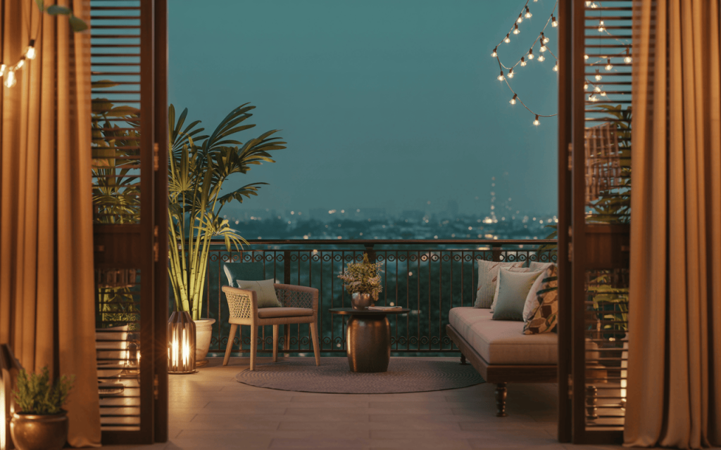 Charming classic balcony railing design lit with cozy evening lights