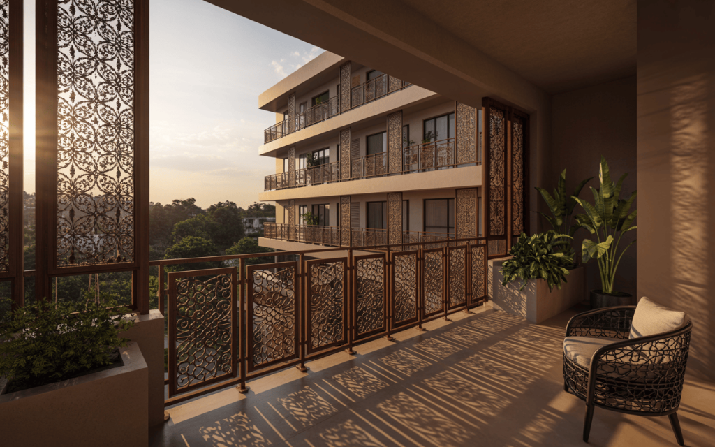Elegant classic balcony railing design with ornate patterns at golden sunset