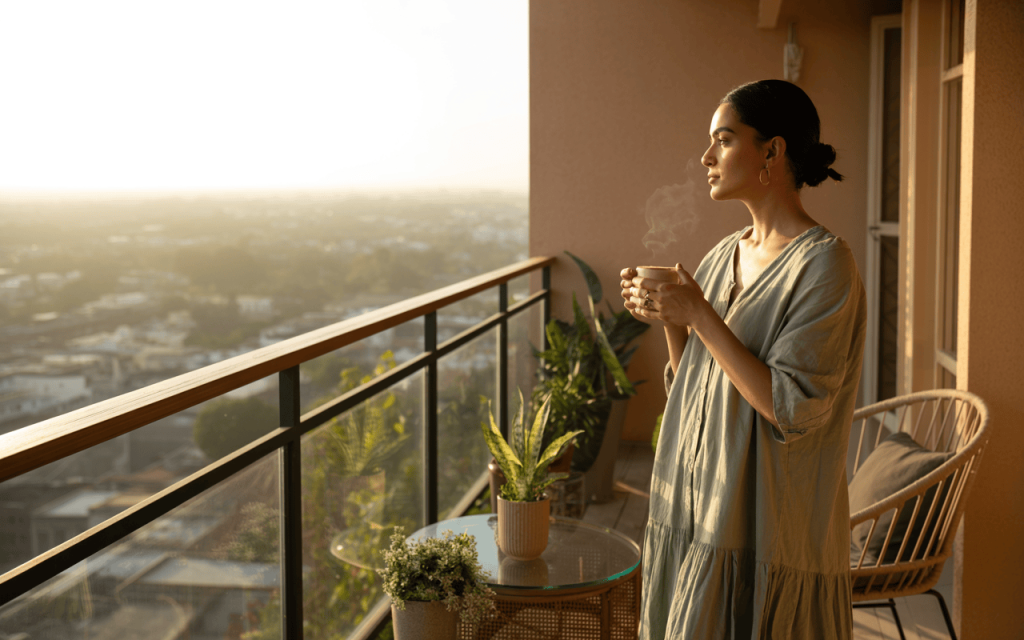 Peaceful modern balcony railing design with city view and morning coffee vibe