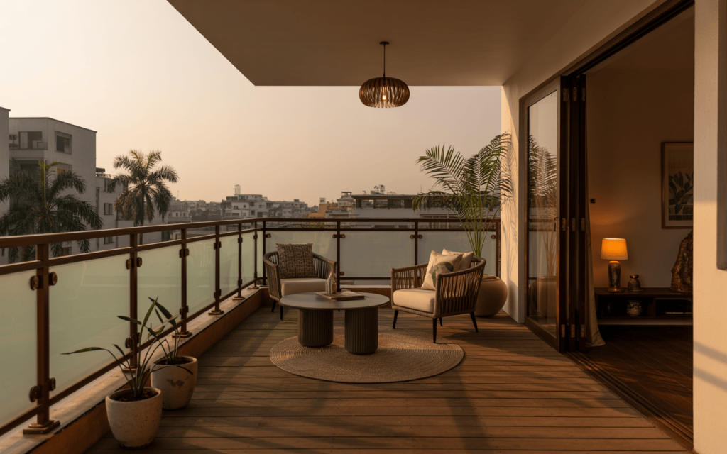 Spacious wood balcony railing design with cozy outdoor seating setup