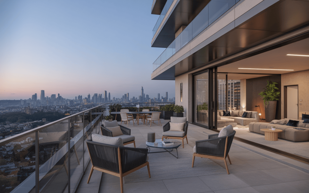 Sleek modern balcony railing design overlooking the urban skyline at sunset