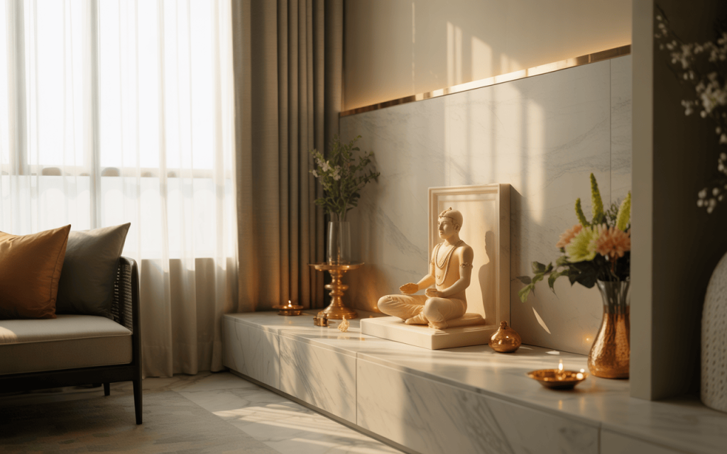 Elegant modern home temple design with marble backdrop and soft golden decor