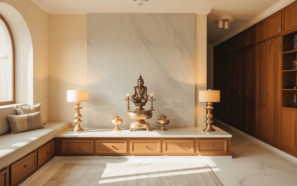 Elegant indian home temple design with marble backdrop and warm wood tones