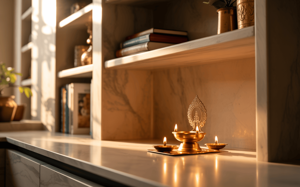 Warm nook modern home temple design with brass diya and soft natural lighting