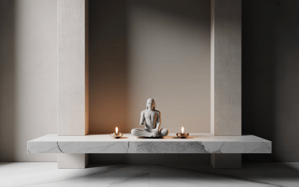 Minimalist simple home temple design with marble shelf and serene Jain idol