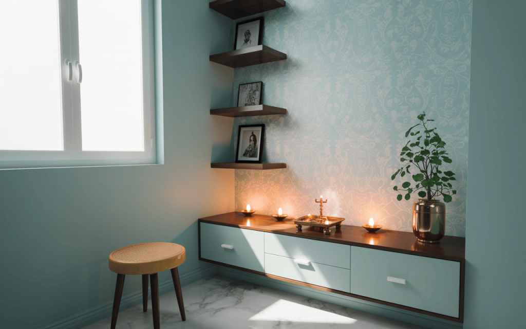Cozy simple home temple design with wall shelves and soft diya lighting