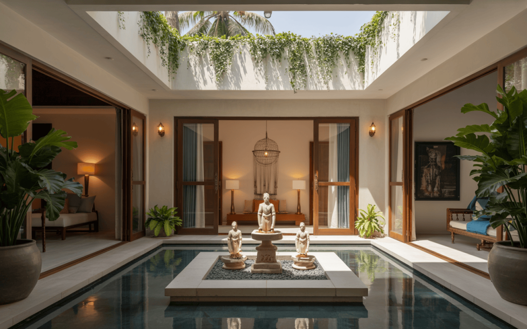 Courtyard indian home temple design with open skylight and Jain statues