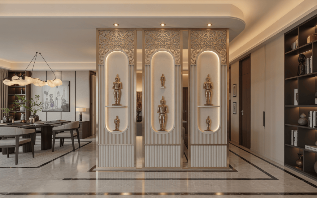 Elegant unique modern home temple design with panel inlays and golden idols