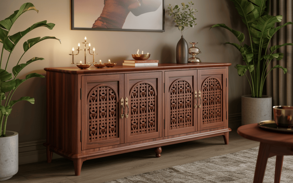 Carved indian home temple design with rich wood tones and brass accents