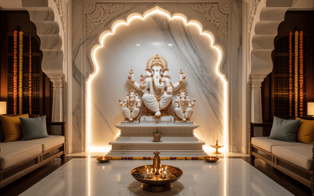 Grand white marble temple design with Ganesha idol and illuminated arch