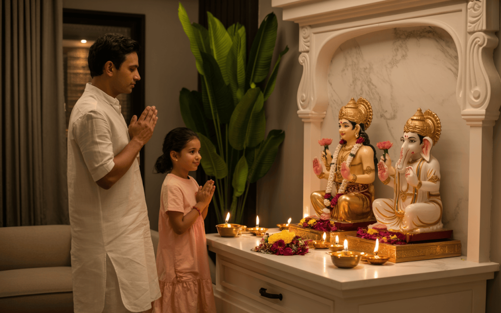 Family marble temple design worship with Ganesh and Lakshmi idols at home altar
