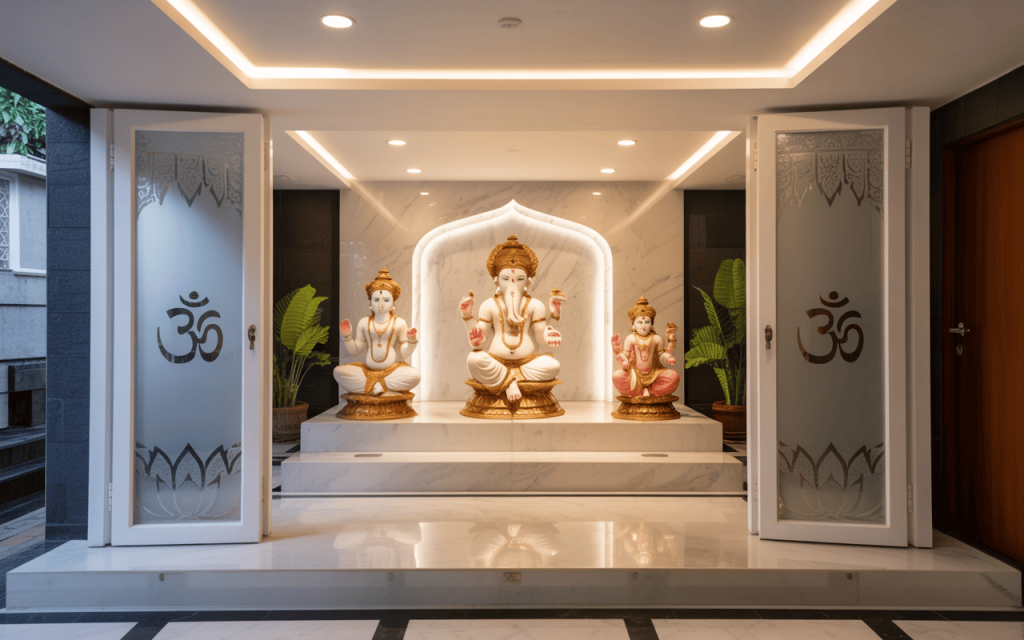 Divine white marble temple design featuring Ganesha with elegant glass doors
