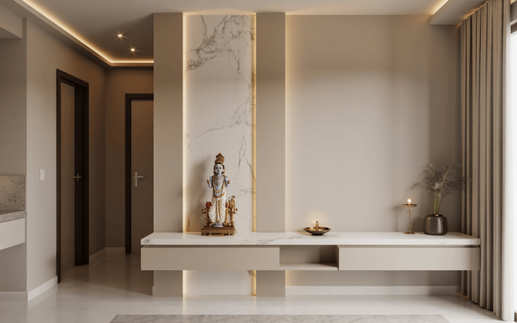 Elegant small marble temple design with Krishna idol in modern living room