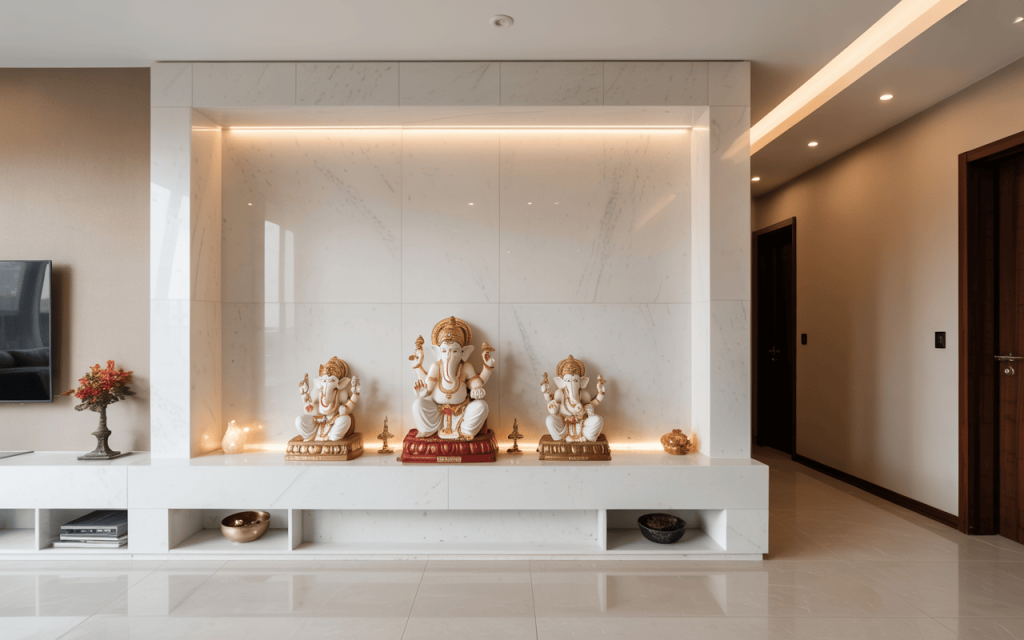 Contemporary marble temple design with serene Ganesha idols in white setting