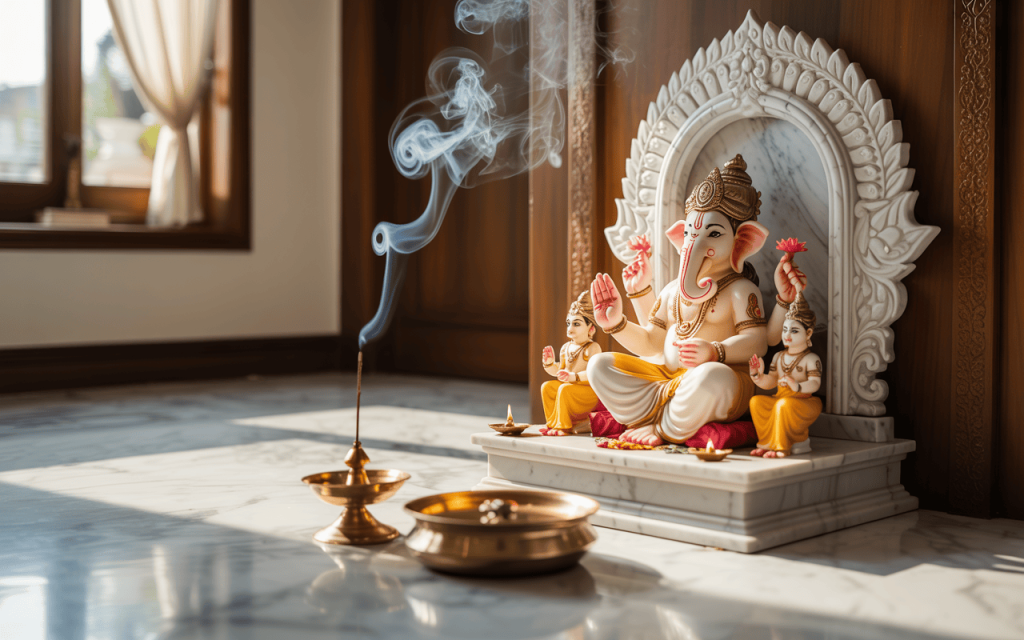 Elegant marble temple design for home with Ganesha idol and incense smoke
