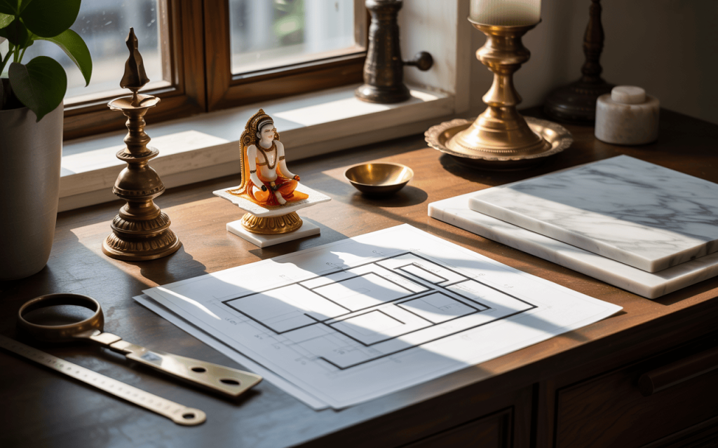 Workspace marble temple design planning with miniature idol and decor accents