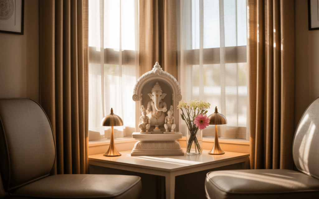 Cozy small marble temple design for home placed near window with soft lighting
