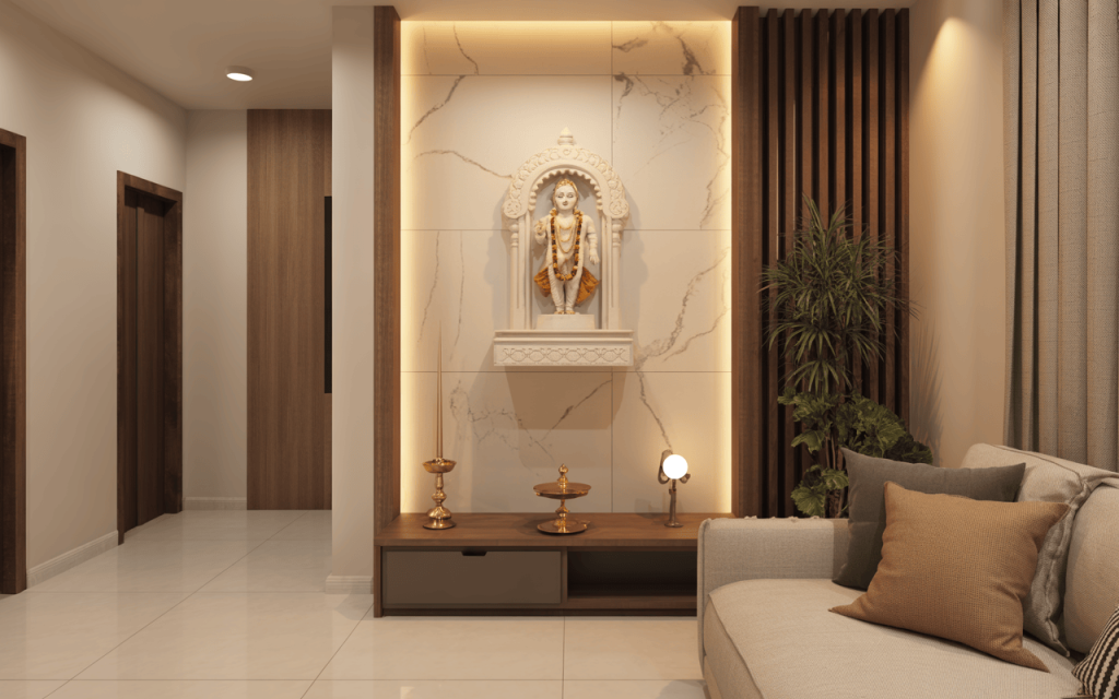 Elegant wall mounted marble temple design for home in a cozy living space