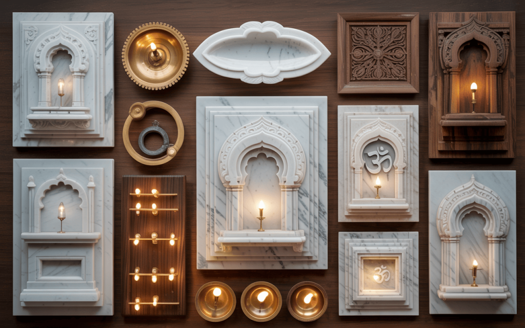 Elegant wall mounted marble temple design for home with diya niches and carvings