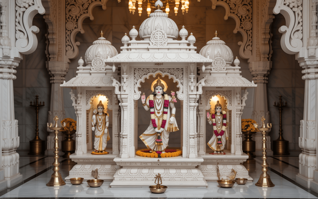 Grand white marble temple design with intricate carvings and divine idols