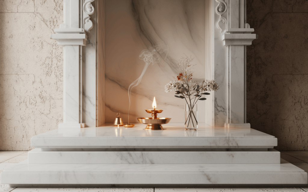 Minimalist modern home temple design with marble platform and brass diya