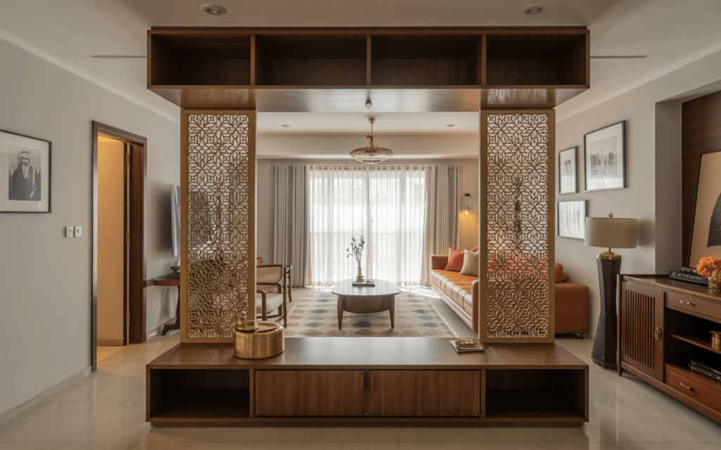 Elegant modern home temple design with woodwork and jali partition style