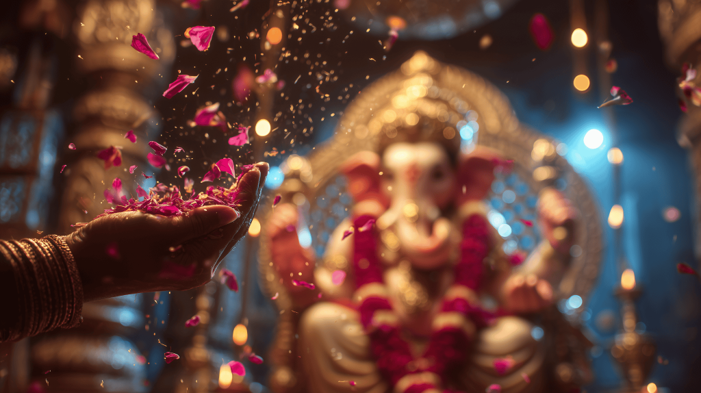 Petals modern home temple design evoking divine Ganesh blessing and devotion