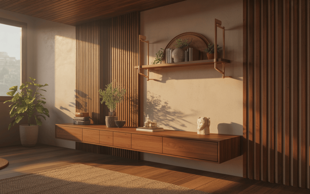 Warm modern wooden temple design with floating shelves and decor books