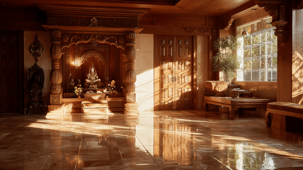 Elegant modern wooden temple design with intricate carvings and warm lighting