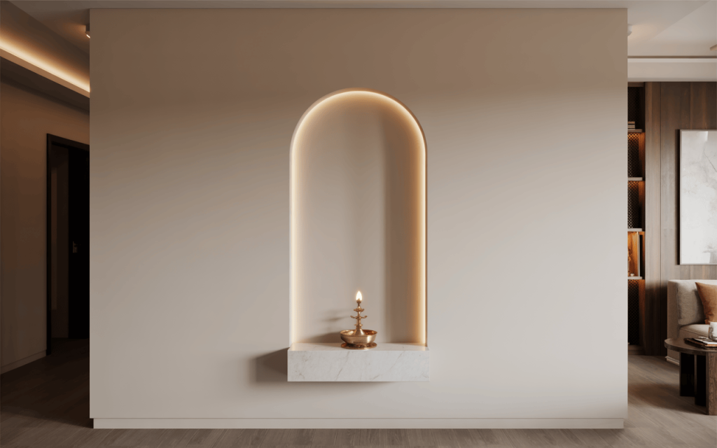 Minimalist modern home temple design with soft lighting and marble diya setup