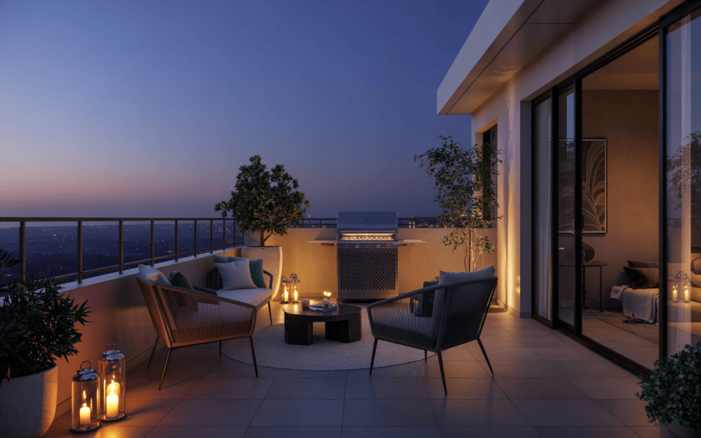 Elegant modern balcony grill design with night lights and cozy seating setup