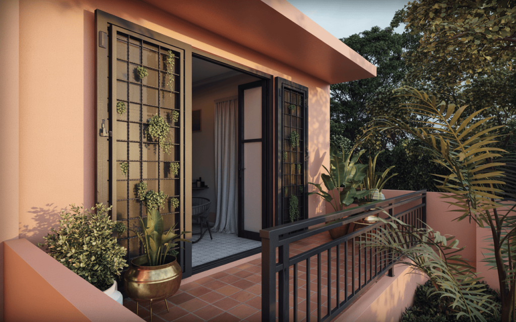 Cozy window balcony grill design with greenery and classic railing aesthetics