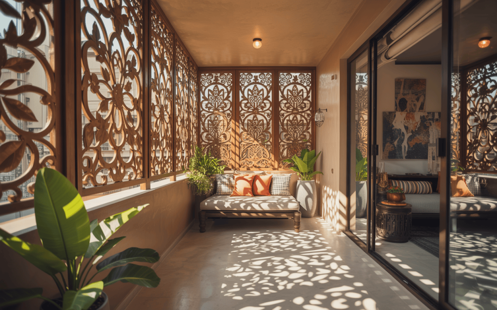 Artistic front balcony grill design with floral patterns and natural sunlight play