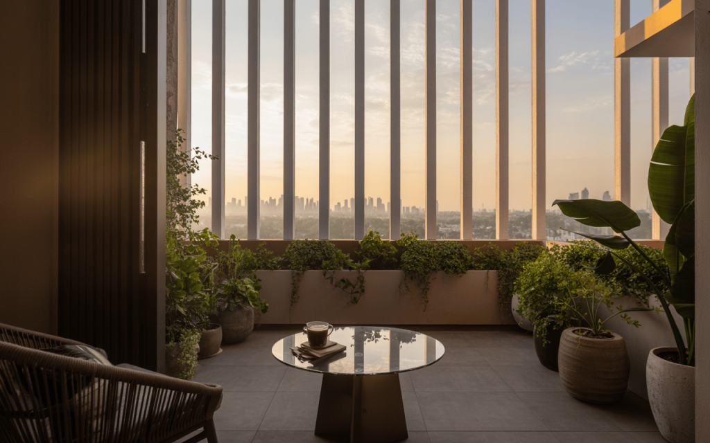 Cozy modern balcony grill design with plants and skyline sunset view for relaxation