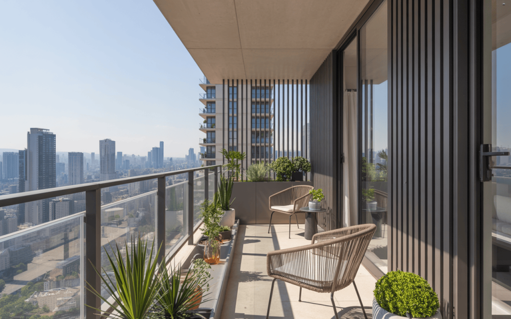 Skyline glass balcony grill design with modern seating and potted green plants