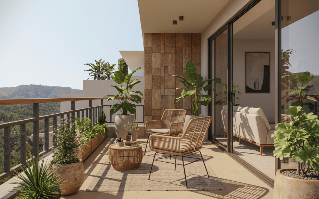 Tropical outdoor balcony grill design with wooden décor and scenic mountain view