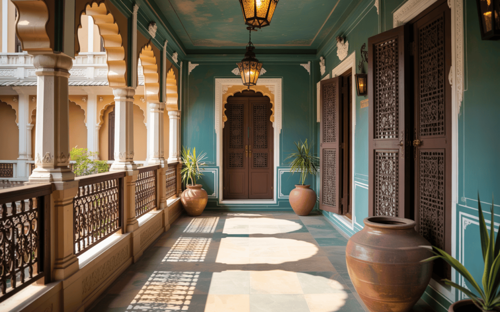 Royal front balcony grill design with traditional arches and detailed craftsmanship