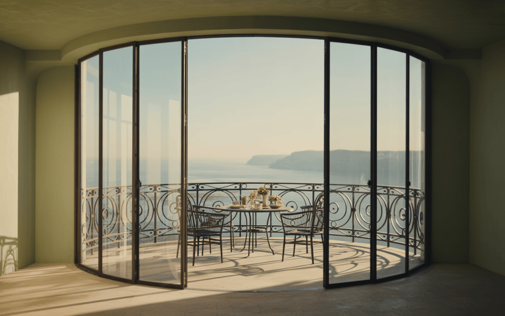 Elegant round shape balcony grill design with ocean view and curved glass doors