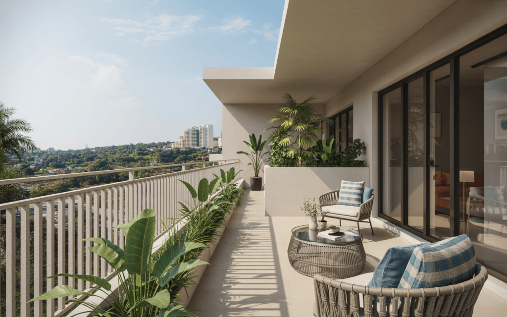 Spacious simple balcony grill design with vertical bars and modern seating setup