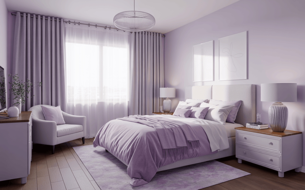 Elegant simple bedroom colour combination with lavender walls and soft white accents