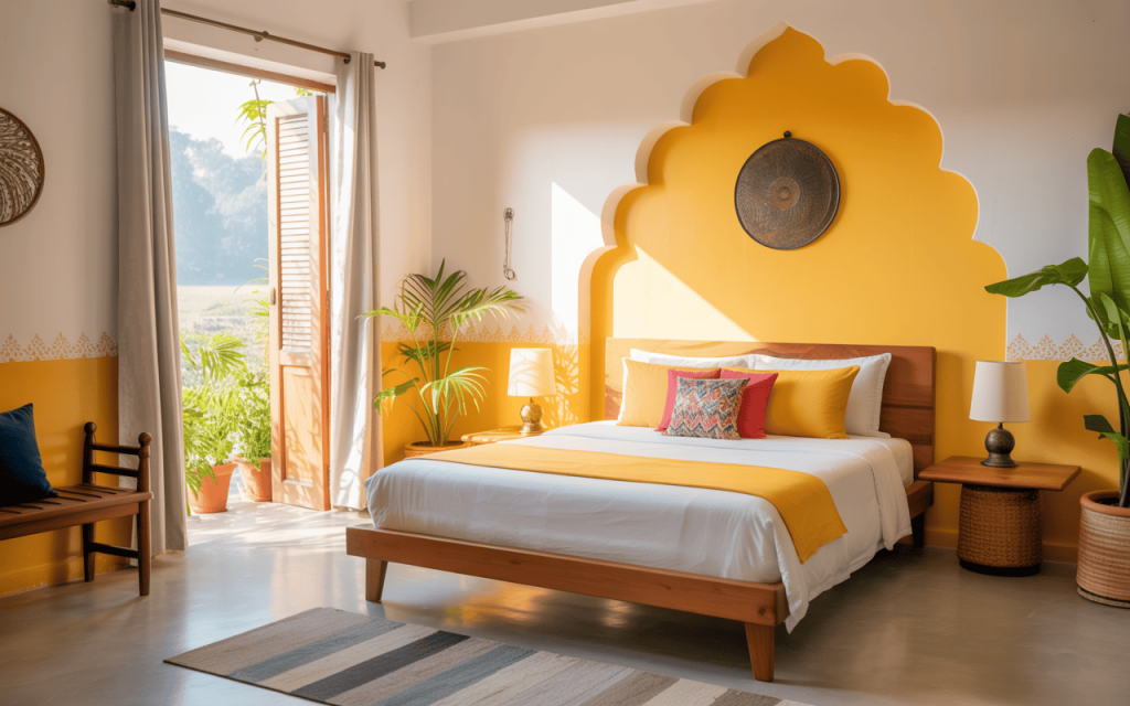 Bright yellow bedroom colour combination with Indian arch and cozy book corner