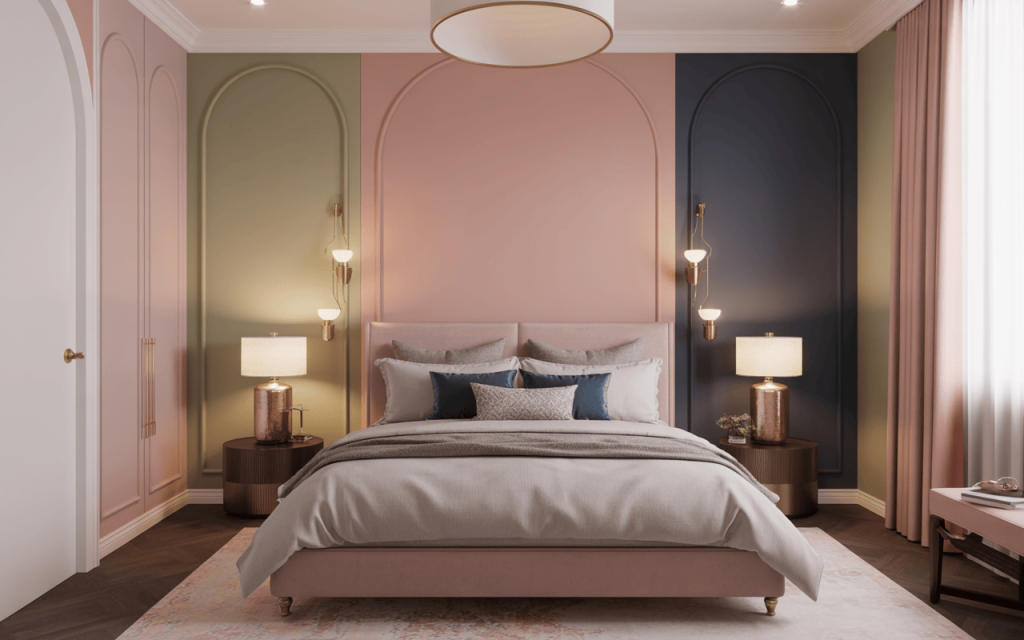 Chic couple bedroom colour combination with pink, olive green, and navy panel walls