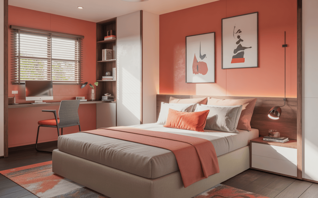 Trendy new bedroom colour combination with coral accent wall and warm decor
