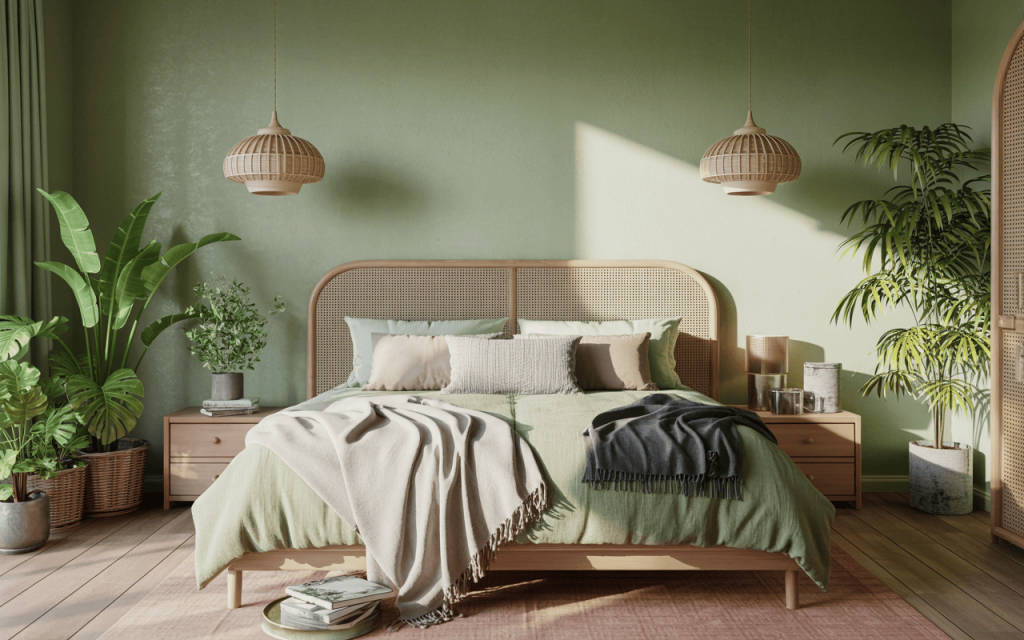 Nature-inspired simple bedroom colour combination with cozy decor and stacked books
