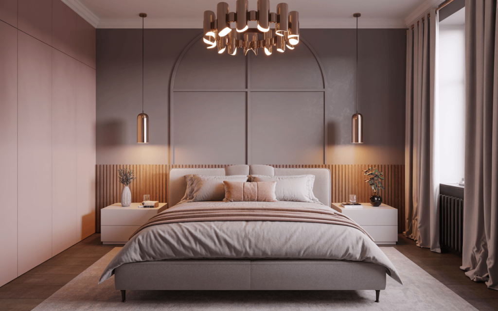 Trendy modern bedroom colour combination with blush pink and taupe grey tones
