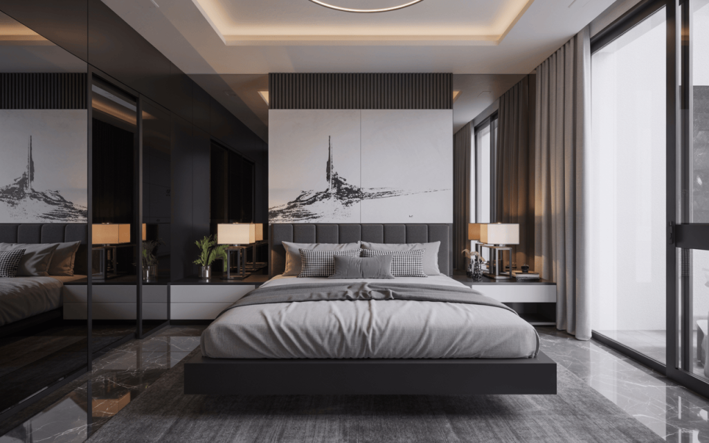 Sleek modern bedroom colour combination with grey tones and mirrored wardrobe